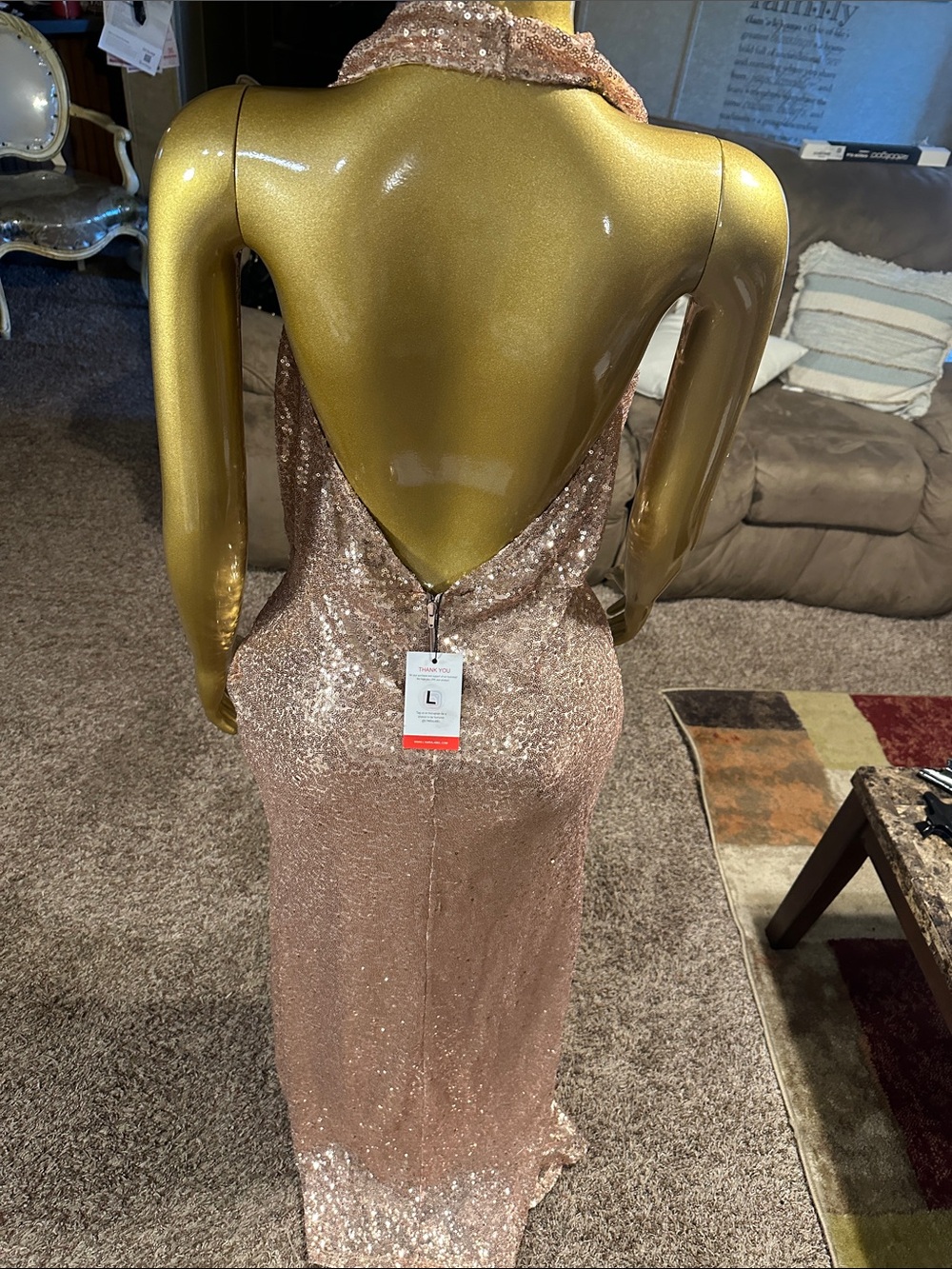 Sequined Cowl Halter Prom Dress in Rose Gold - Picture 8 of 10